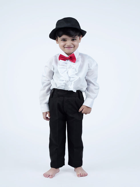 BookMyCostume Ballroom Western Dance White Frill Shirt Black Pant Hat & Bow Set Kids  Fancy Dress Costume